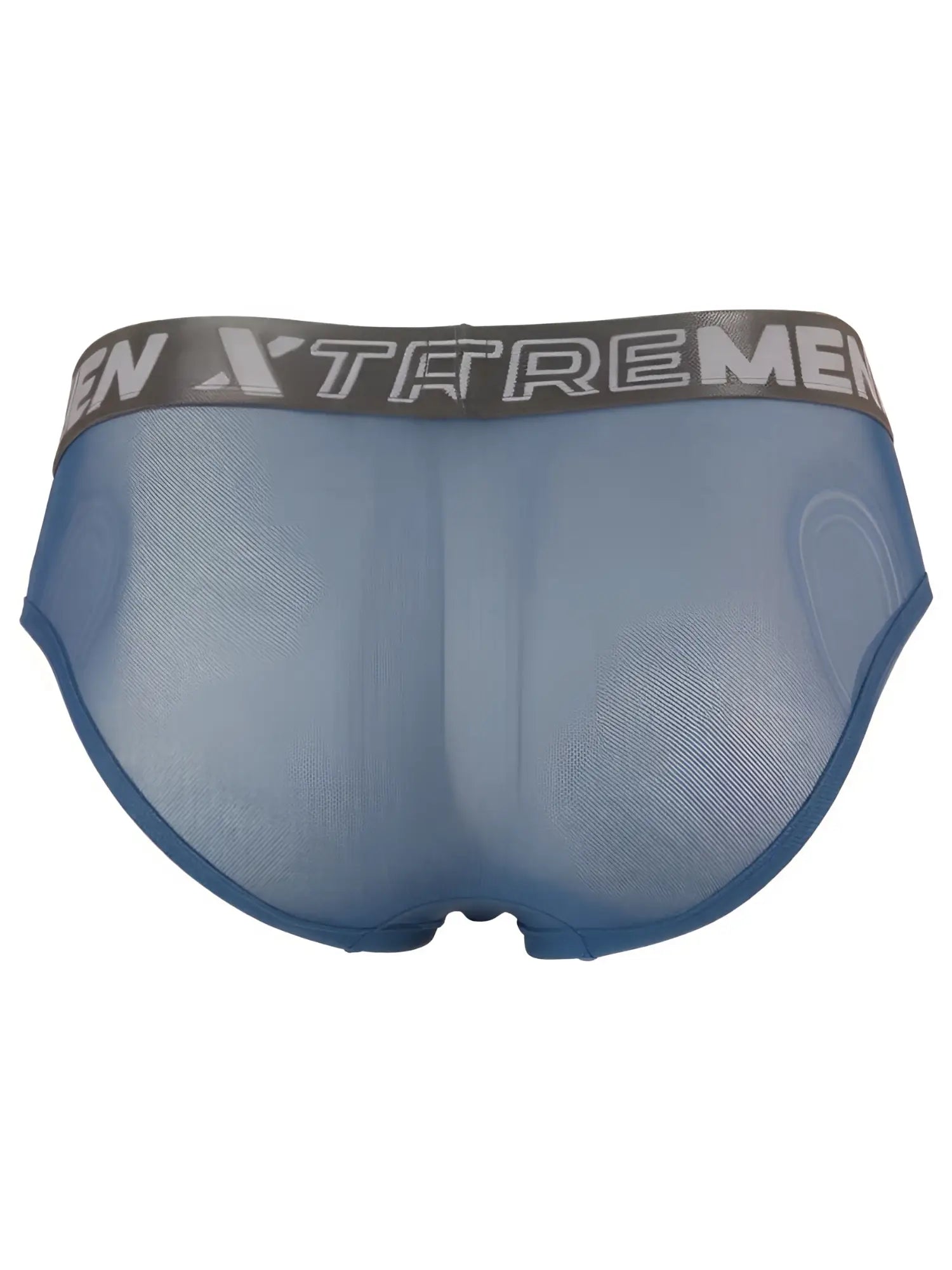 Blue mesh bikini brief with a gray Xtremen logo waistband.