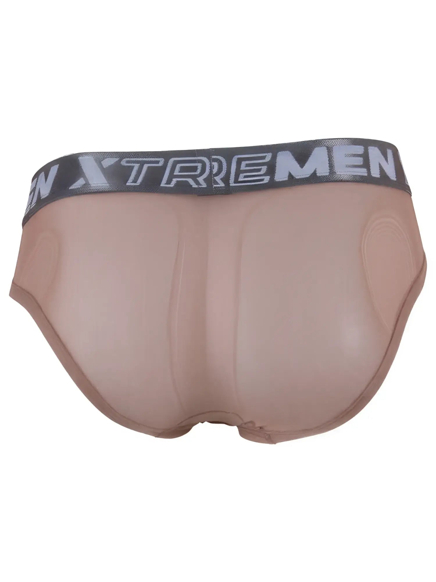 Beige sheer mesh bikini briefs by Xtremen with a gray logo waistband and contoured rear padding.