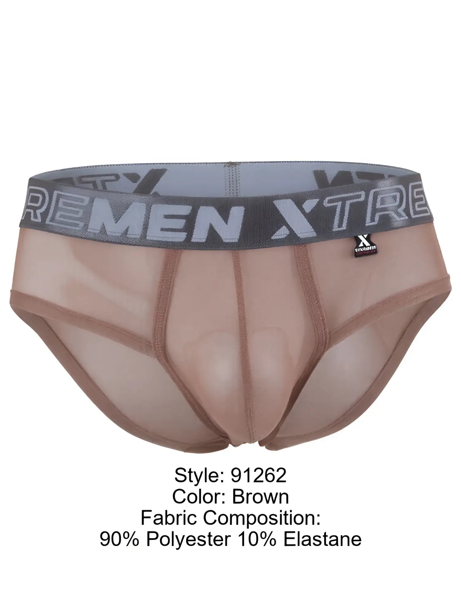 Brown mesh bikini briefs by Xtremen with a grey branded elastic waistband and a small logo tag.