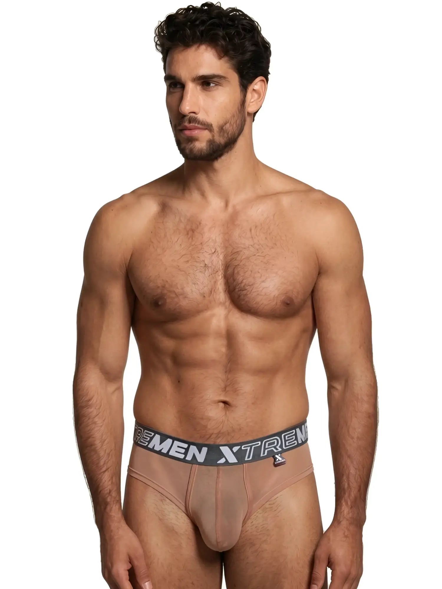 Nude mesh bikini briefs with a supportive contour pouch and a grey, branded Xtremen elastic waistband.