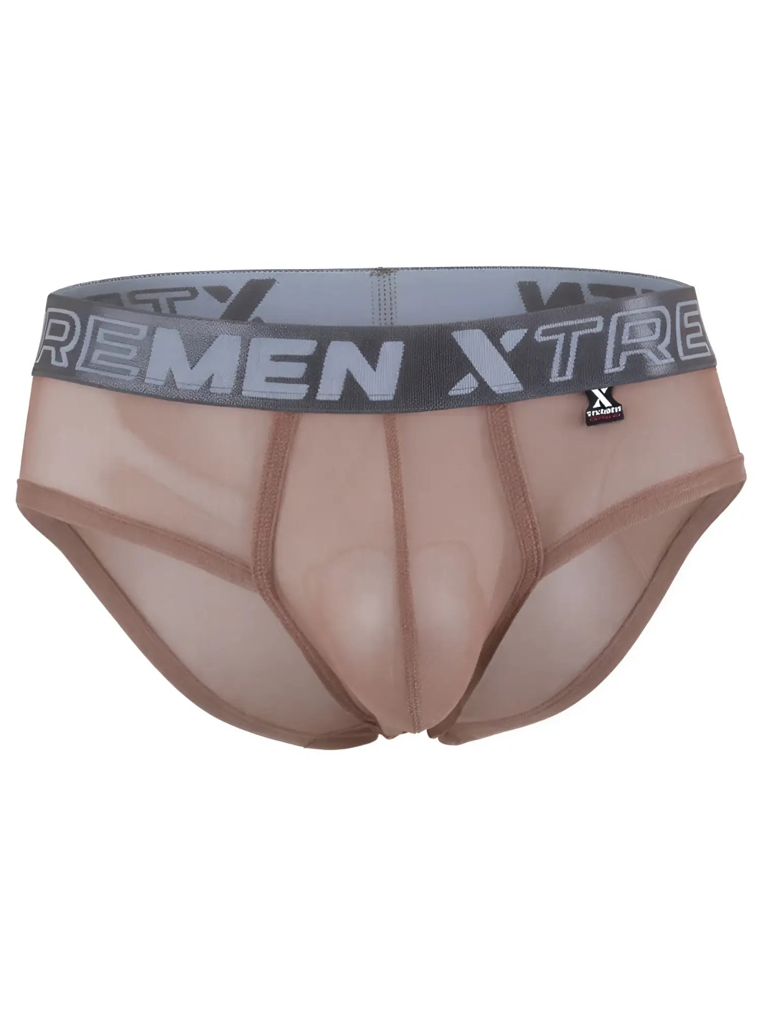 Brown mesh bikini briefs by Xtremen with a contoured pouch and wide grey elastic waistband featuring logo branding.