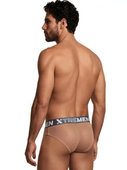 Beige microfiber bikini brief with sheer mesh side panels and gray elastic waistband featuring Xtremen logo.