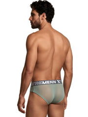 Sage green mesh bikini briefs by Xtremen with an elastic waistband featuring white brand logo text.