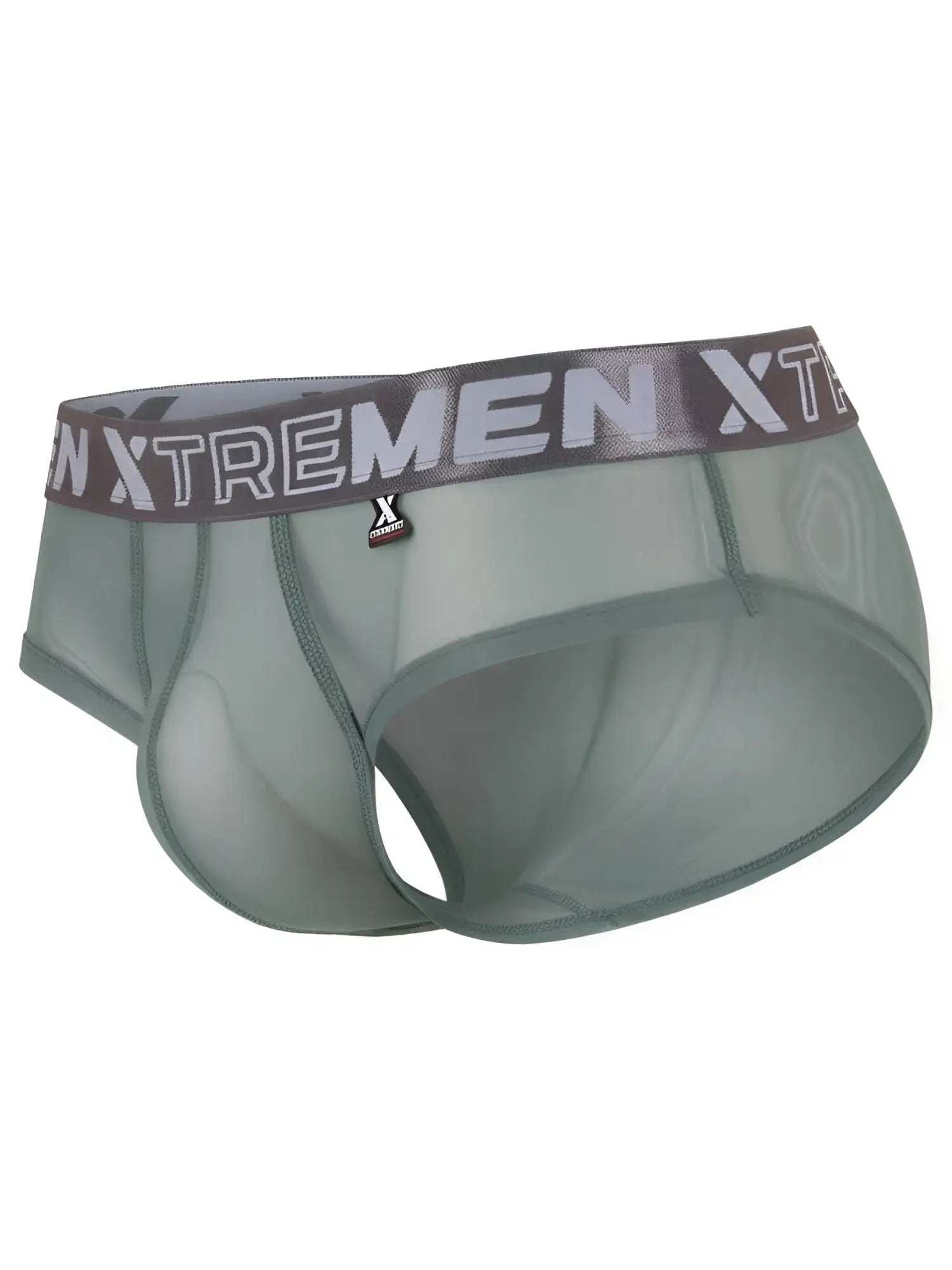 Sage green mesh bikini brief by Xtremen with contoured pouch, grey logo waistband, and small brand tag.
