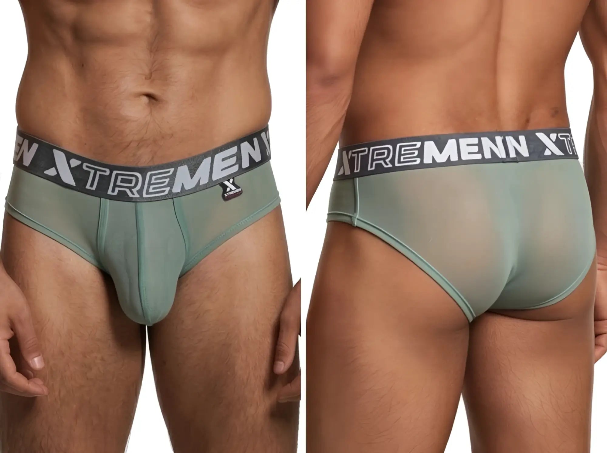 Sage green mesh bikini briefs by Xtremen with a grey logo waistband and small brand tag on the front.