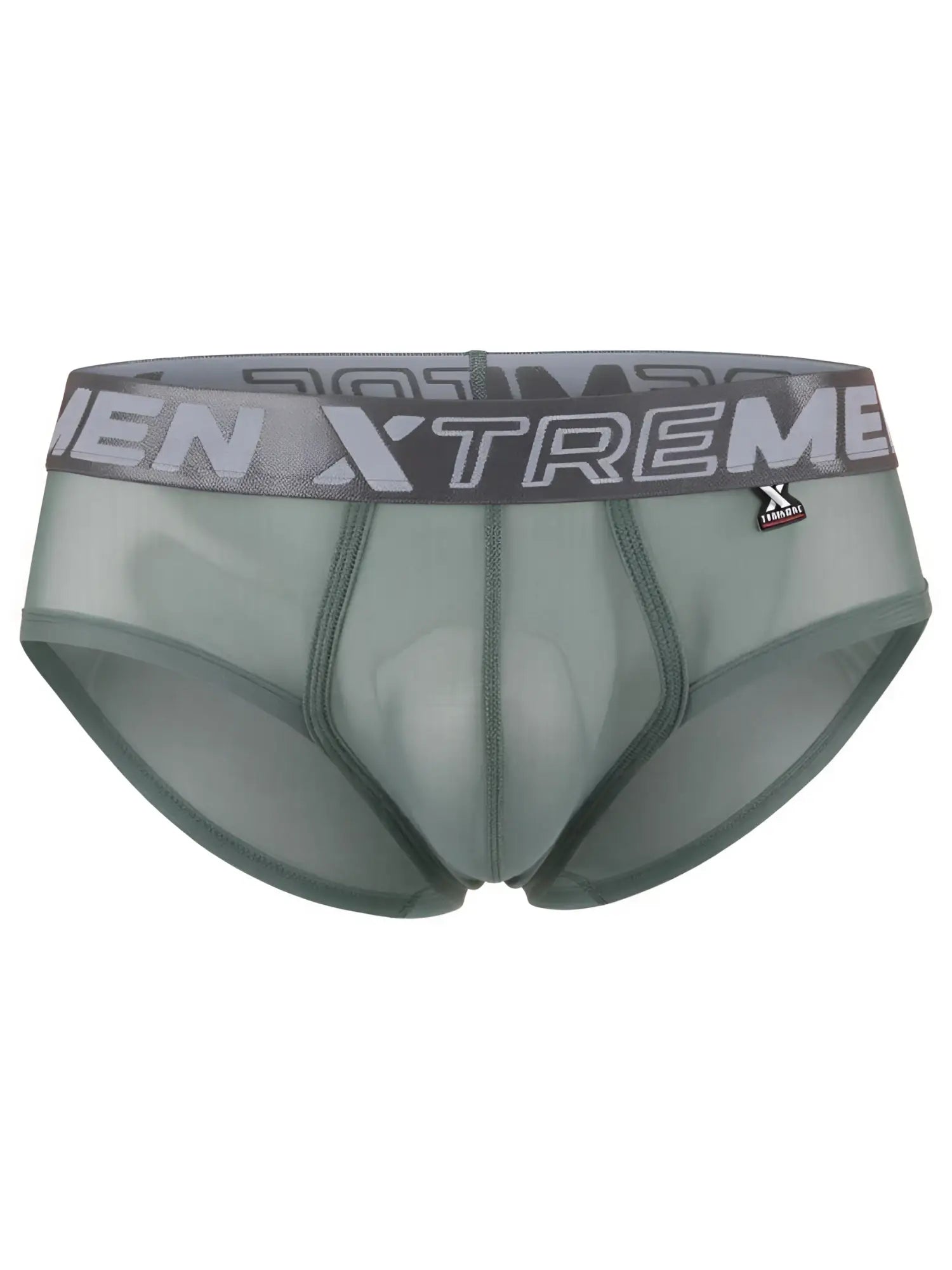 Sage green mesh bikini brief by Xtremen with a grey logo waistband and stitched contour pouch.