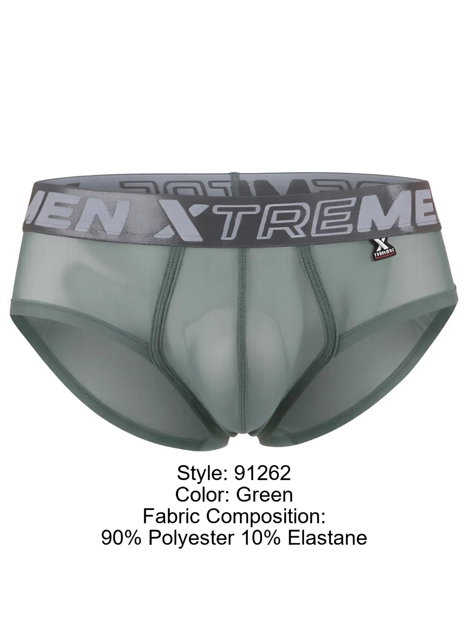 Xtremen green mesh bikini brief with a grey logo waistband and an X-shaped fabric tag on the front left.