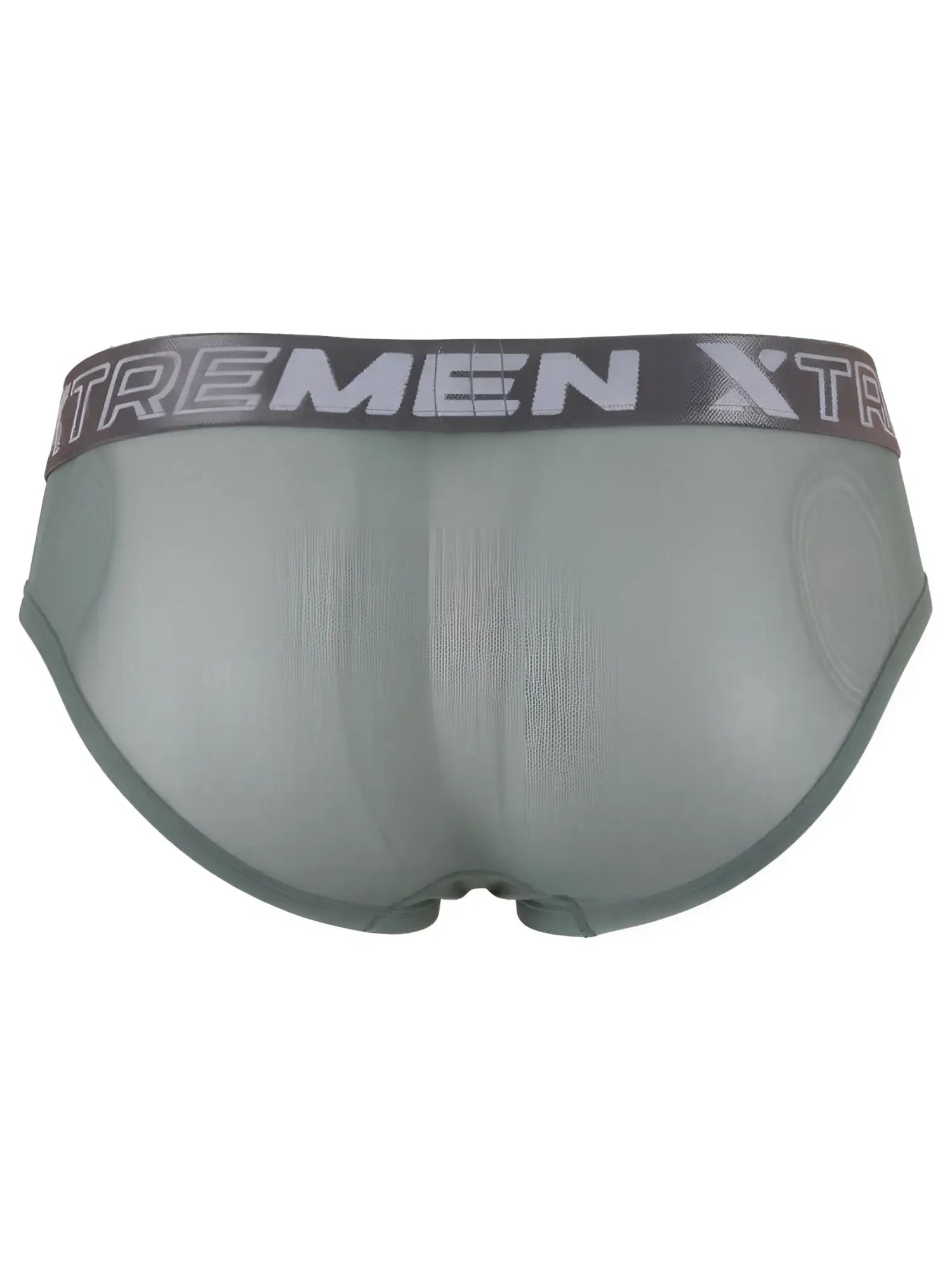 Olive green mesh bikini brief with a gray branded elastic waistband and seamless construction.