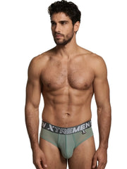 Xtremen sage green mesh bikini brief with a grey logo waistband and small brand tag on the front.