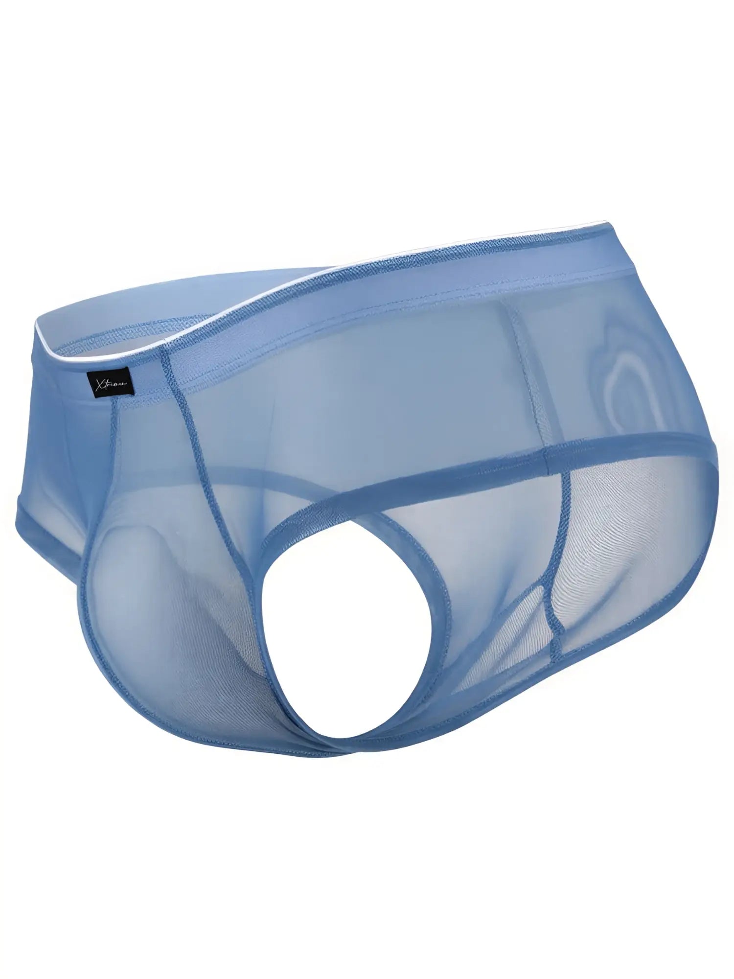 Blue mesh bikini brief by Xtremen with a thin white-trimmed waistband and a small black brand tag on the front.