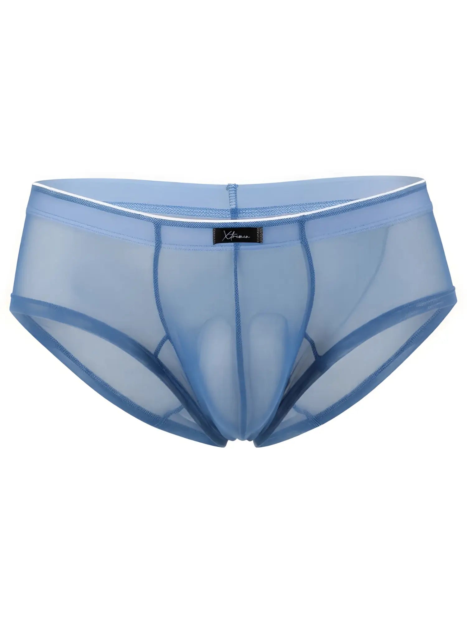 Blue sheer mesh bikini briefs by Xtremen with a contoured pouch, flat seams, and white waistband trim.