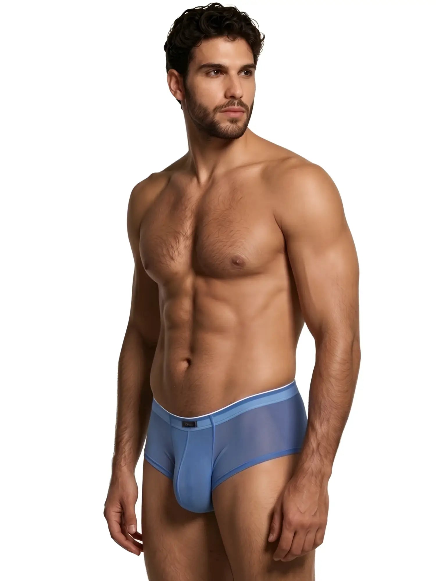 Blue bikini brief made of sheer mesh fabric with a dual-tone white and light blue waistband and small front logo tag.
