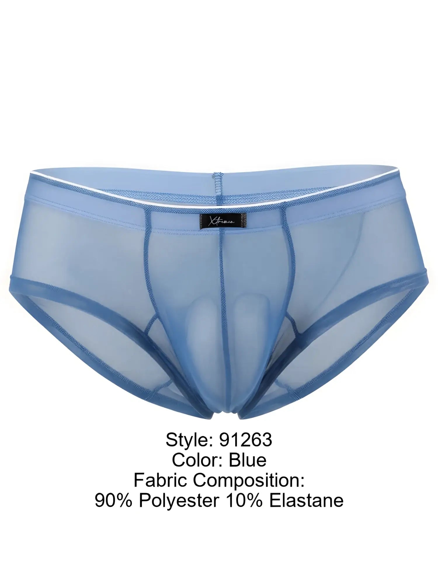 Blue Xtremen mesh bikini brief with a white-trimmed waistband and center logo patch.