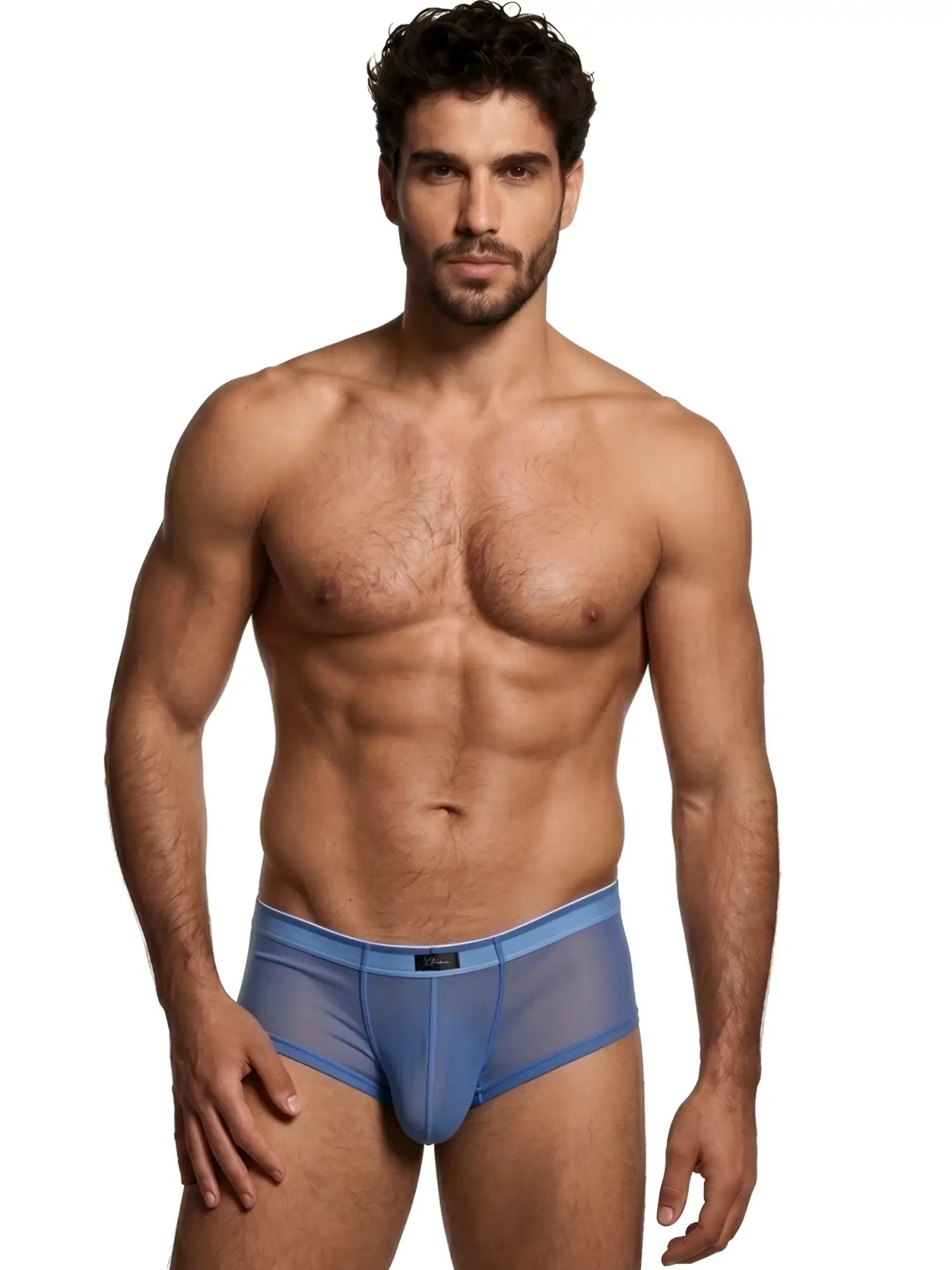 Blue microfiber mesh bikini brief with a dual-tone waistband and center Xtremen logo patch.
