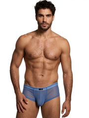 Blue microfiber mesh bikini brief with a dual-tone waistband and center Xtremen logo patch.