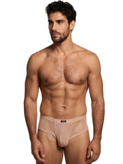Beige microfiber bikini briefs by Xtremen, featuring a sheer mesh finish, a center seam, and a small logo waistband tag.