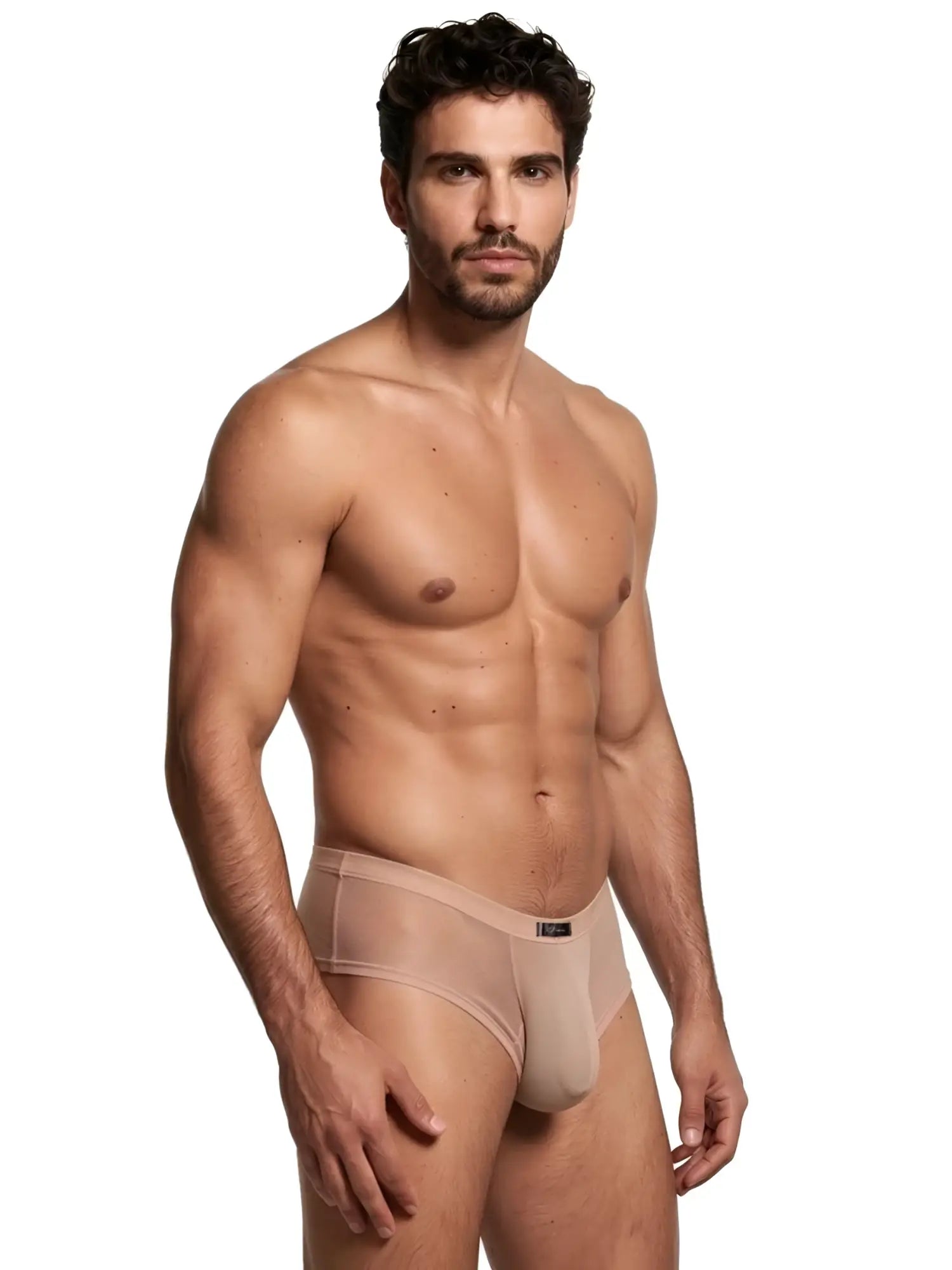 Xtremen beige mesh bikini brief with a contoured pouch and small brand logo on the waistband.