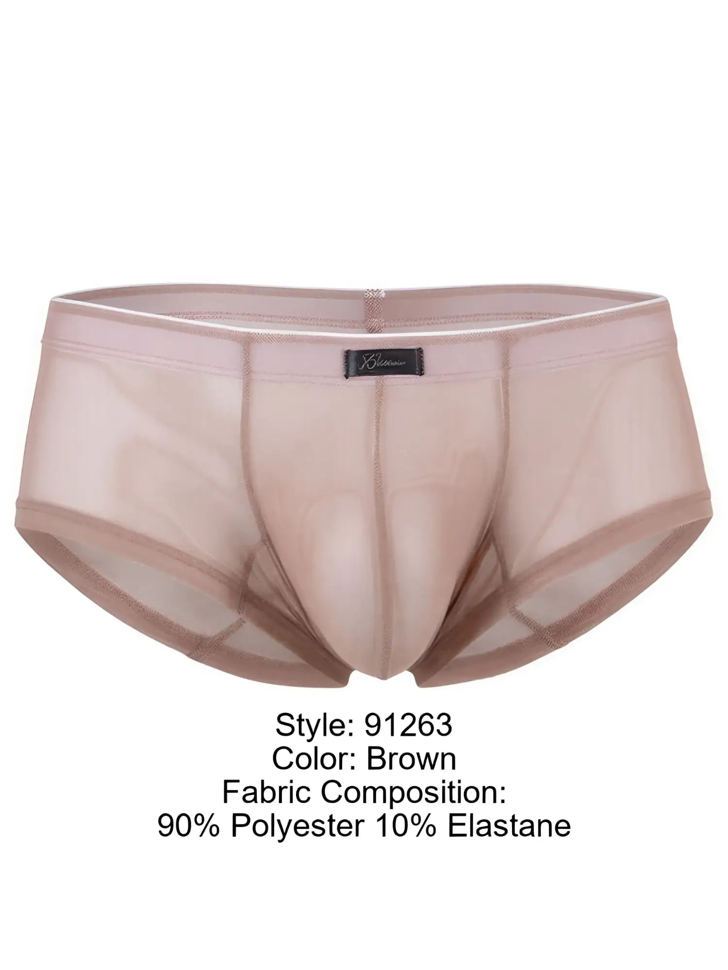 Xtremen brown sheer mesh bikini brief with a contoured pouch, elastic waistband, and small center logo patch.