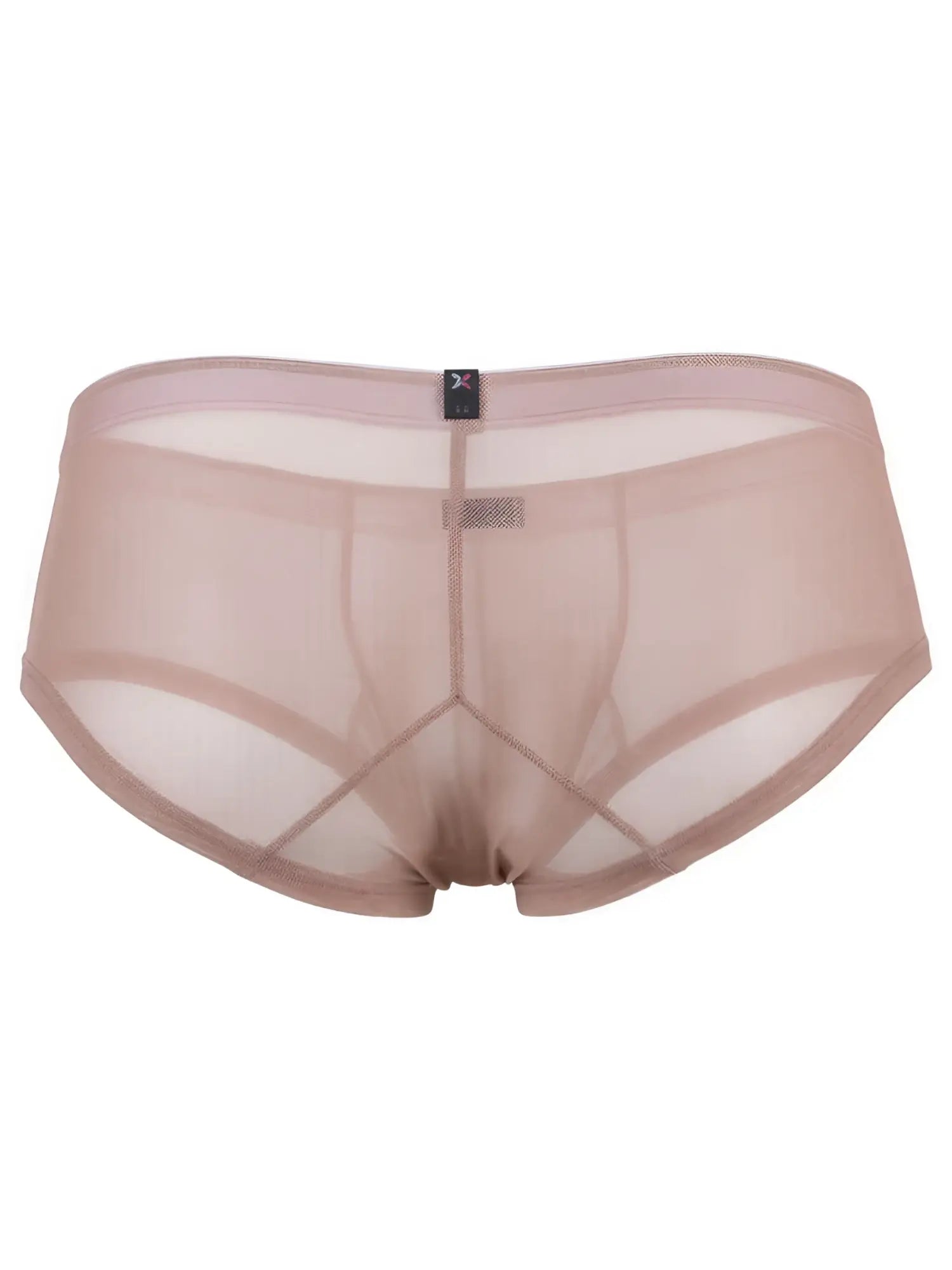 Beige Xtremen mesh bikini briefs with a logo tab at the center waistband and paneled construction.