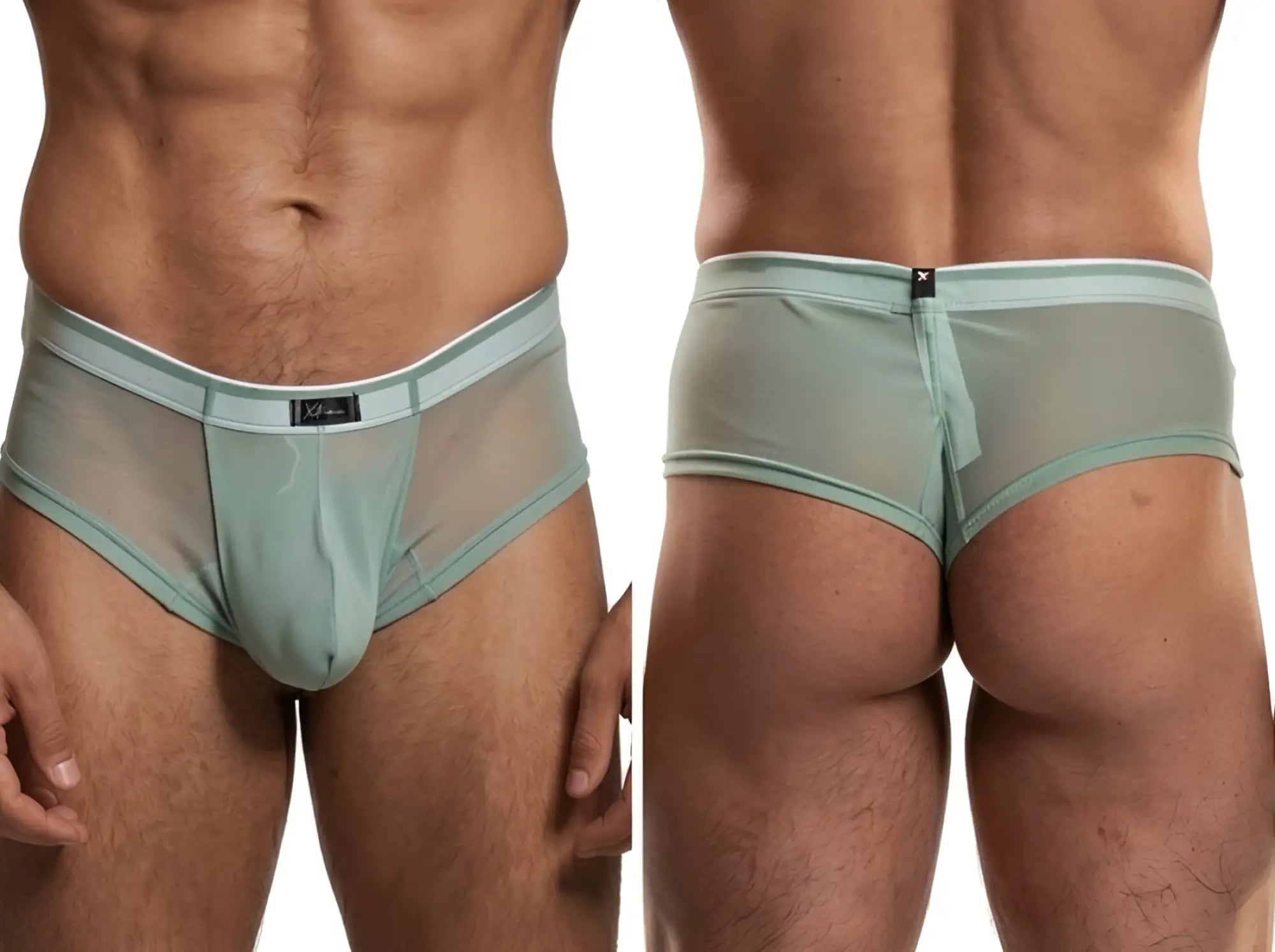 Xtremen sage green mesh bikini brief with a white-trimmed elastic waistband and logo tab on front and back.