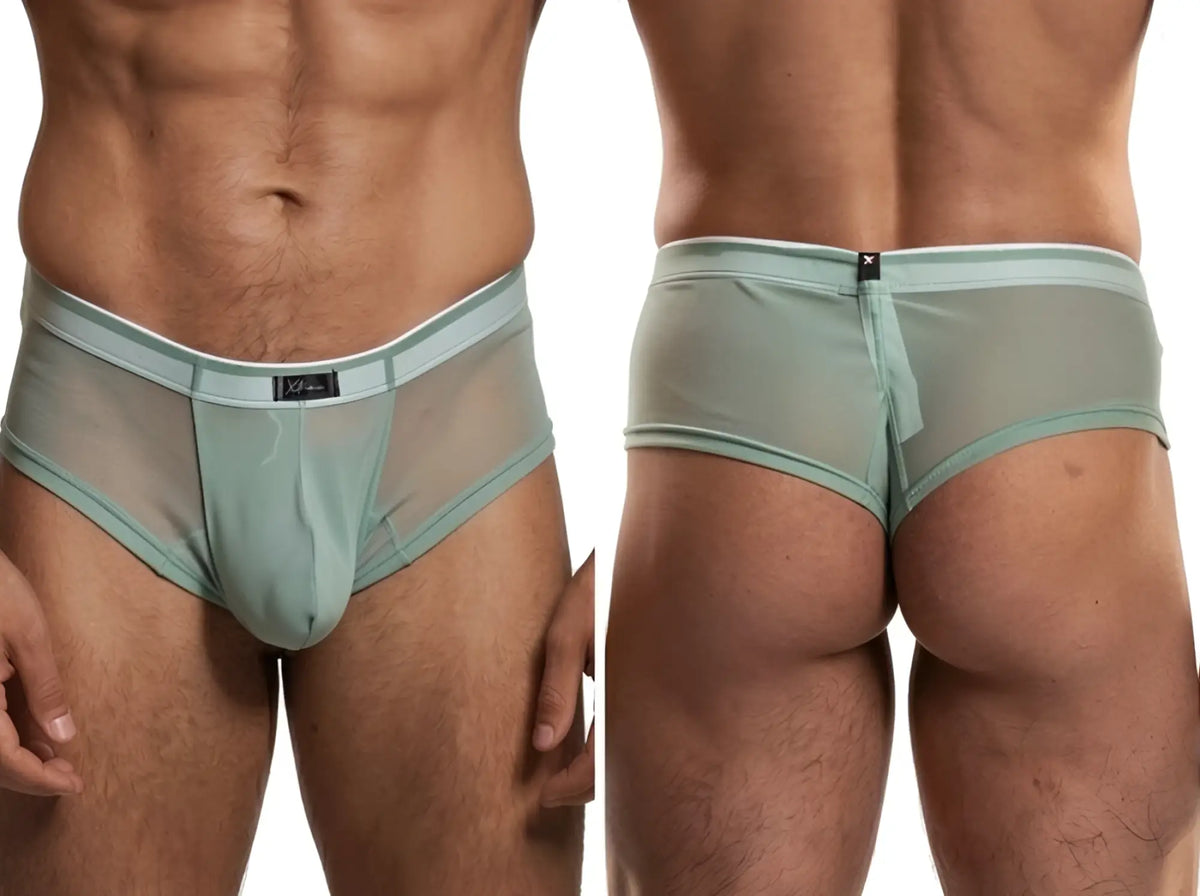 Xtremen sage green mesh bikini brief with a white-trimmed elastic waistband and logo tab on front and back.