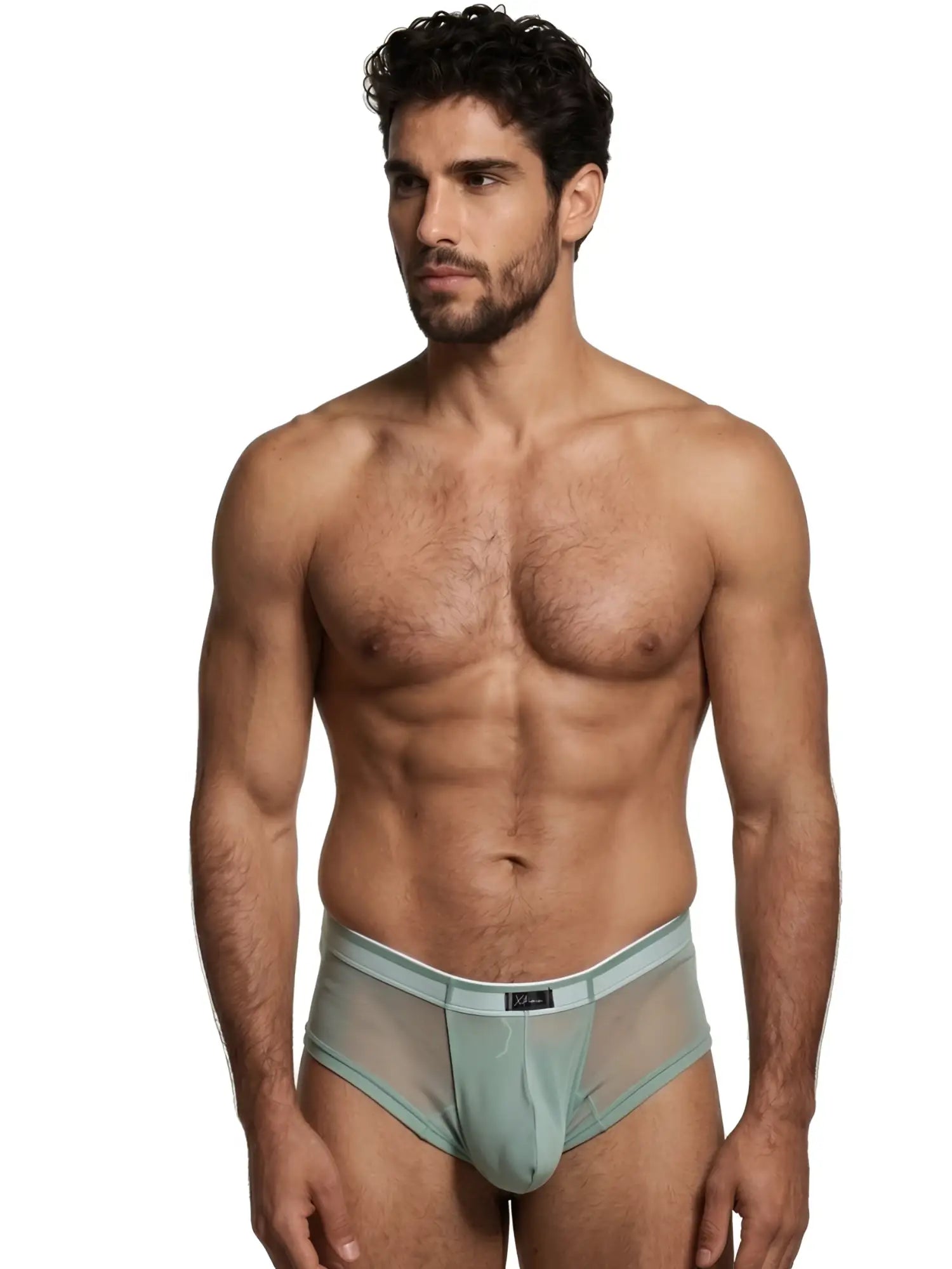 Sage green mesh bikini brief by Xtremen with a contoured pouch, light piping detail, and center-front logo patch.