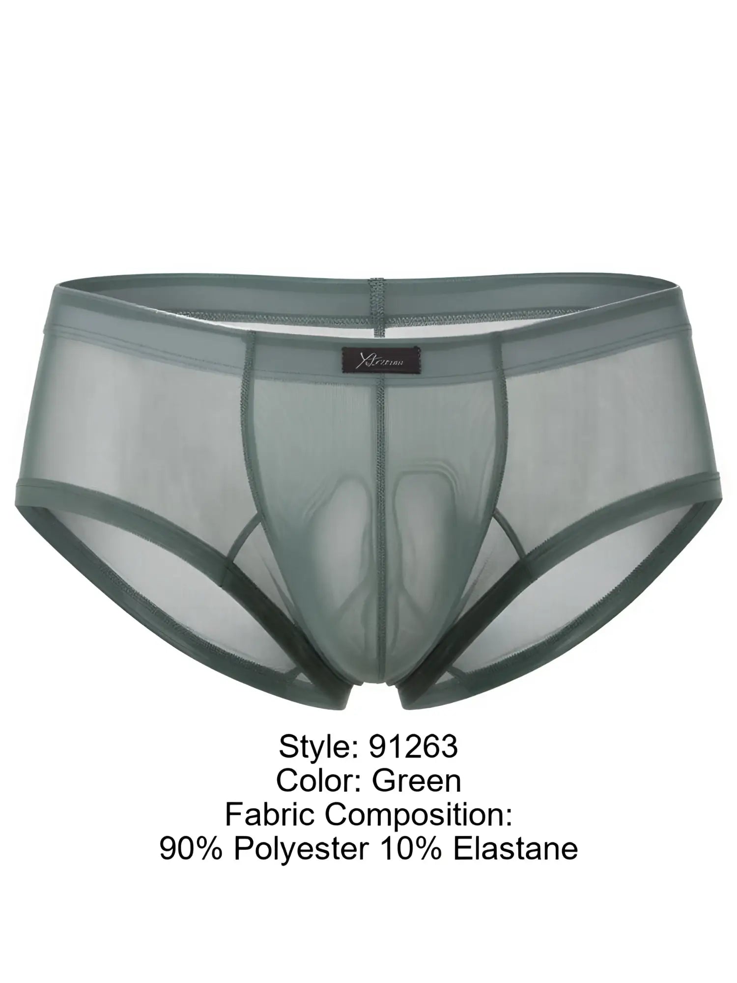 Green microfiber bikini briefs by Xtremen with a semi-sheer mesh finish, contoured pouch, and center brand tag.