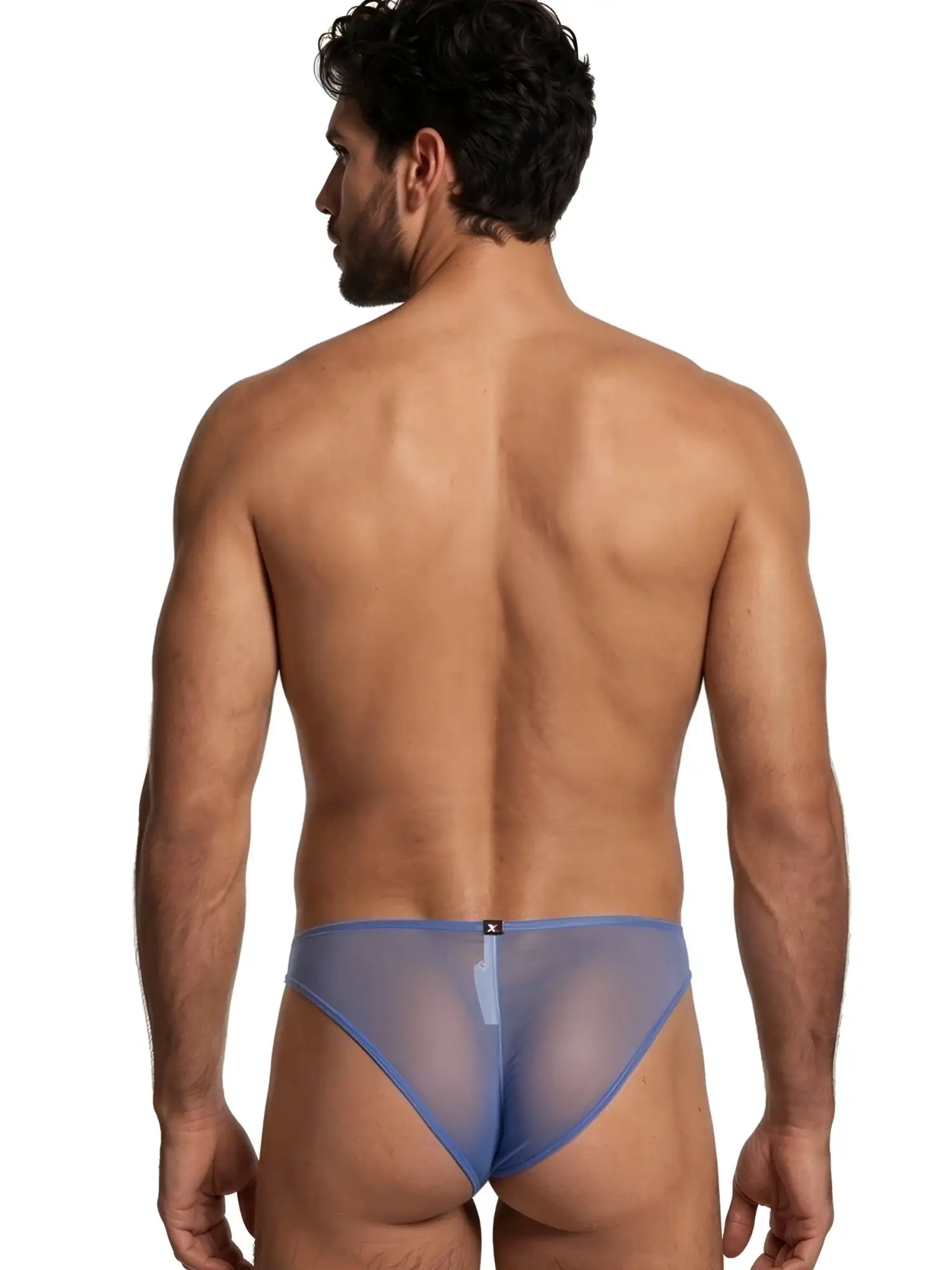 Blue microfiber mesh bikini underwear with a slim waistband and a small Xtremen brand tag centered on the back.
