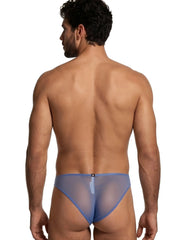 Blue microfiber mesh bikini underwear with a slim waistband and a small Xtremen brand tag centered on the back.