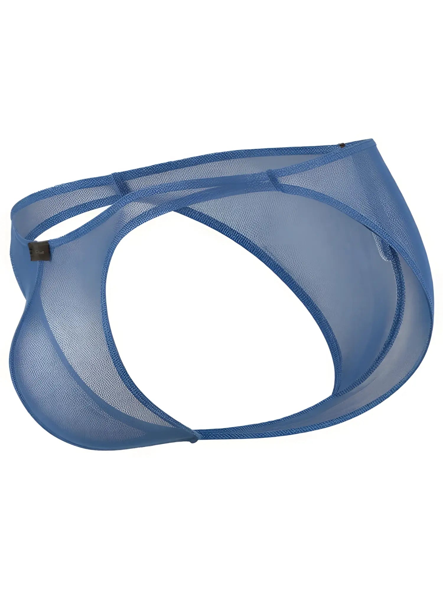 Blue mesh bikini brief with an open, cut-out sides design and a small branded tab on the waistband.