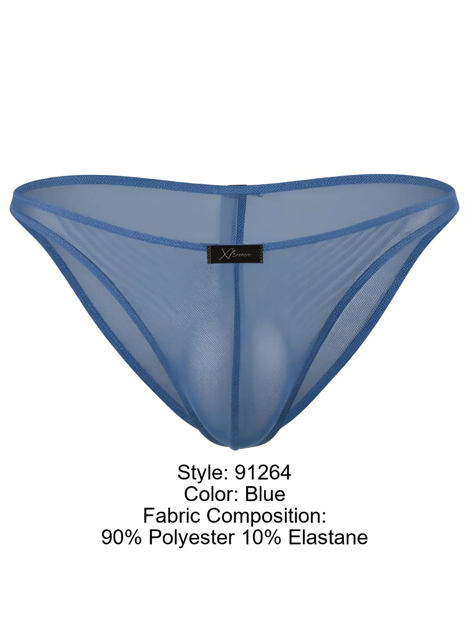 Blue sheer mesh bikini brief by Xtremen with a center seam and a small black brand label on the front waistband.