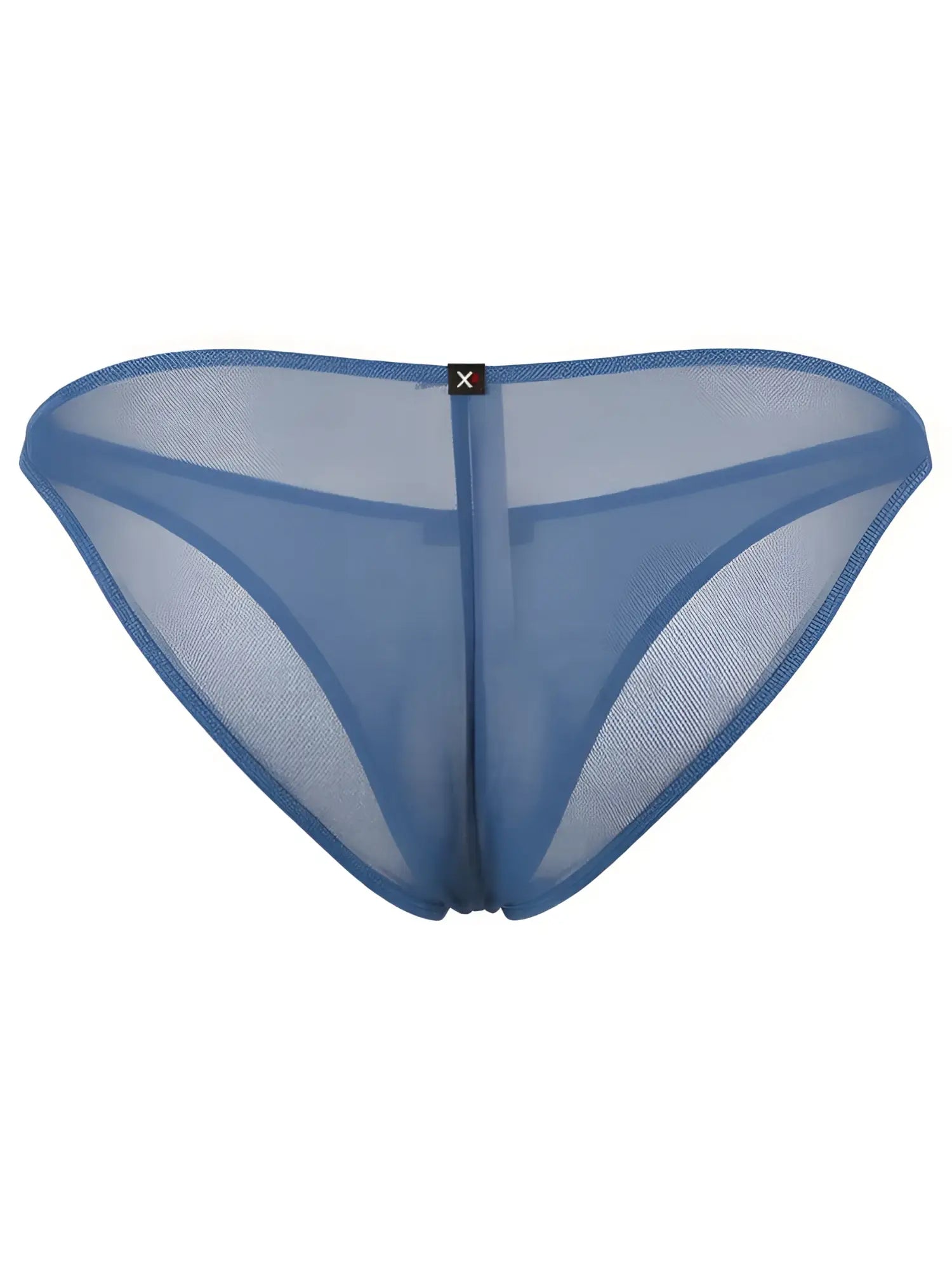 Blue mesh bikini brief with a center seam and a small black "X" logo tag on the waistband.