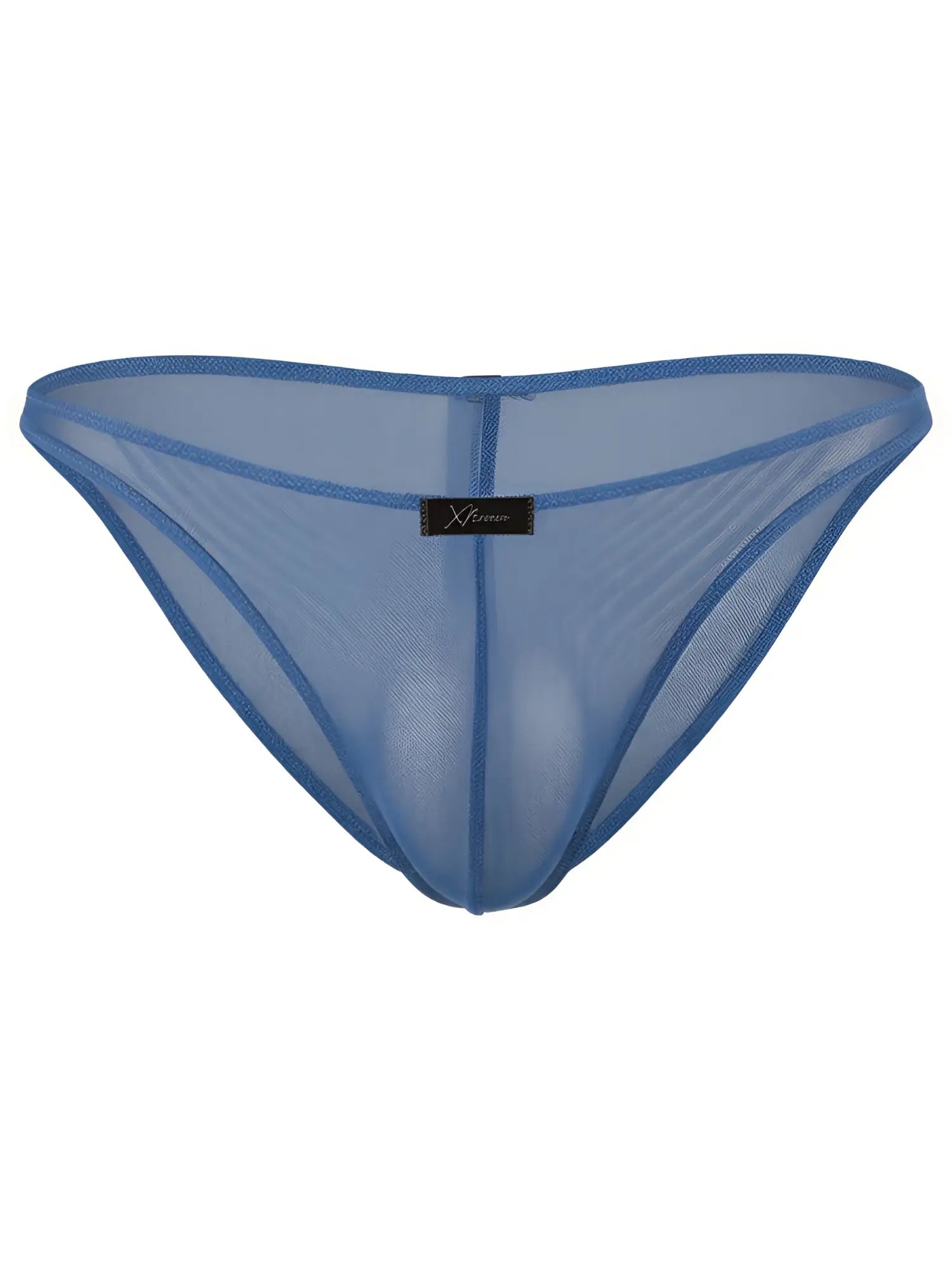 Blue mesh bikini underwear with a contoured pouch and Xtremen logo tag at the center waistband.