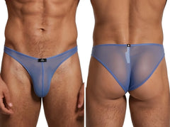 Blue mesh bikini brief by Xtremen with a sheer, translucent finish and a branded logo tag at the center waistband.