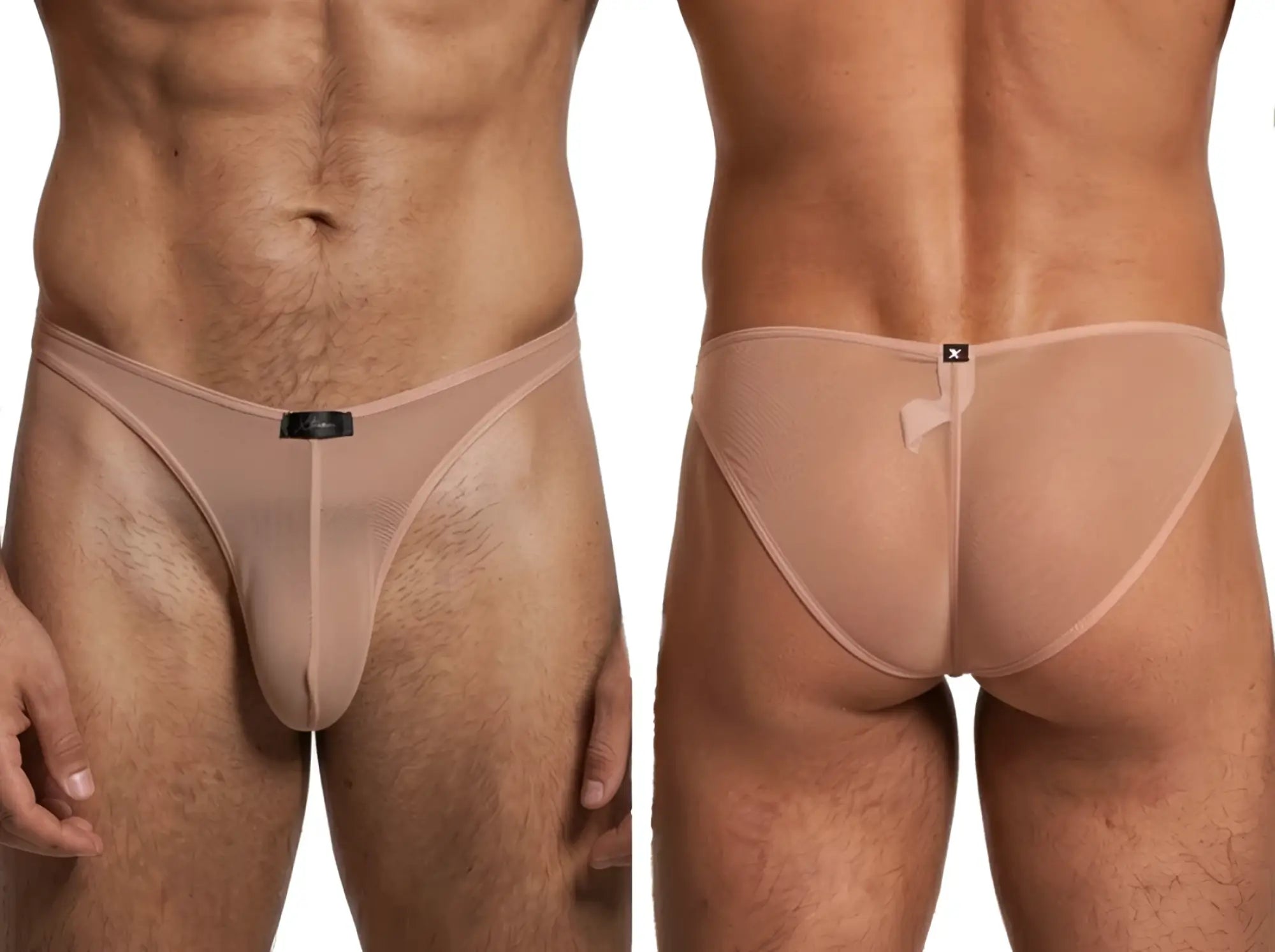 Xtremen nude mesh bikini brief with sheer fabric, front center label, and back waistband logo patch.
