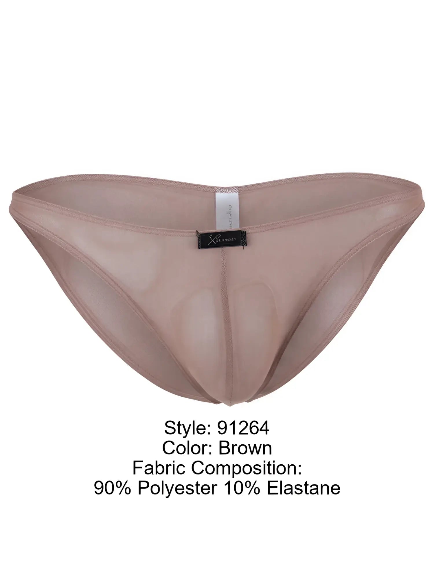 Xtremen brown sheer mesh bikini brief with a contoured pouch and center logo tab.