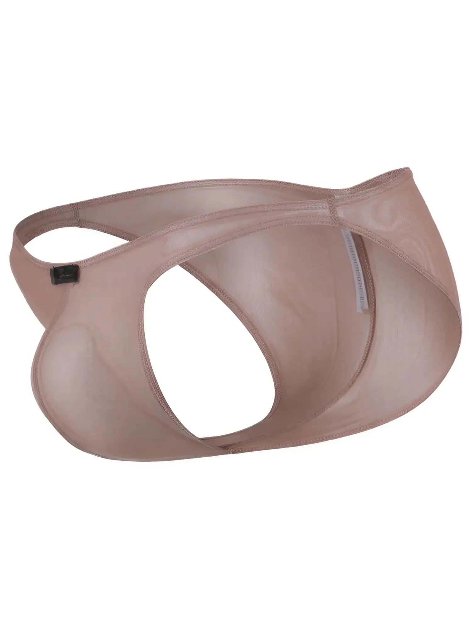 Xtremen taupe mesh bikini jockstrap with a large open front cutout, side bands, and a logo tag on the waistband.