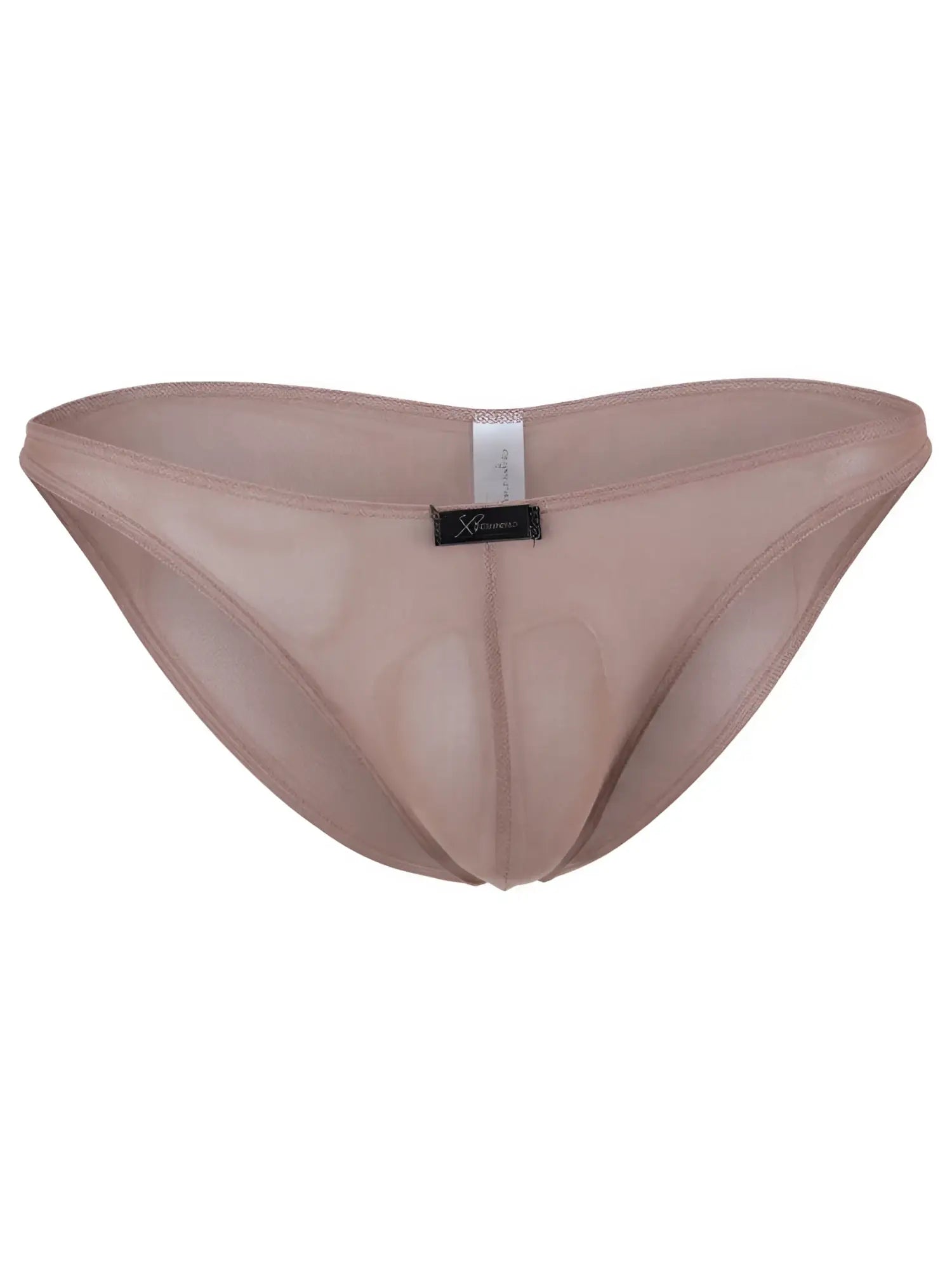 Beige sheer mesh bikini brief with a contoured pouch and black Xtremen logo tag at the center waistband.
