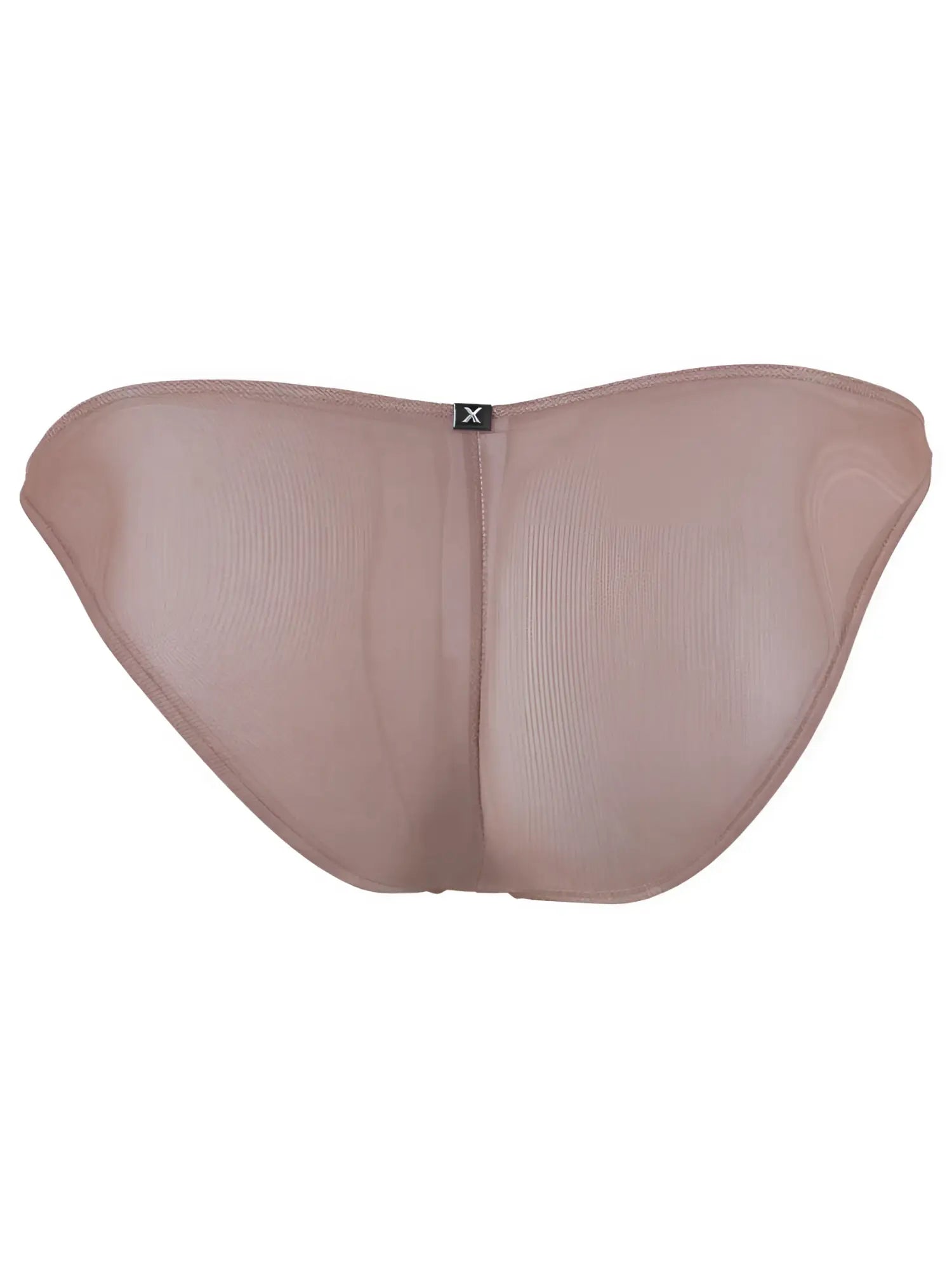 Dusty rose sheer mesh bikini underwear with center seam and small black Xtremen logo tag at the waistband.