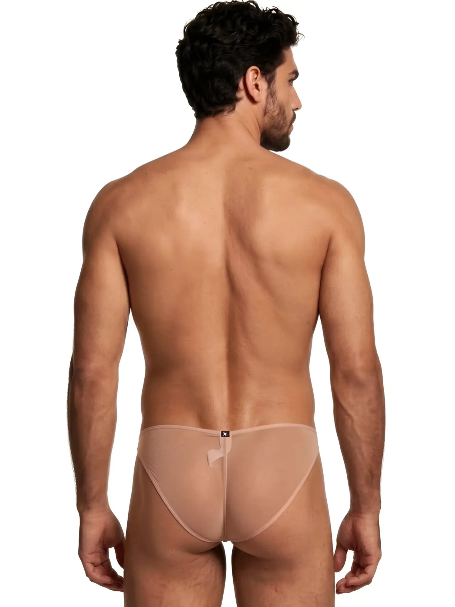 Beige sheer mesh bikini briefs with a center back seam and small Xtremen logo tab on the elastic waistband.