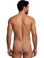 Beige sheer mesh bikini briefs with a center back seam and small Xtremen logo tab on the elastic waistband.