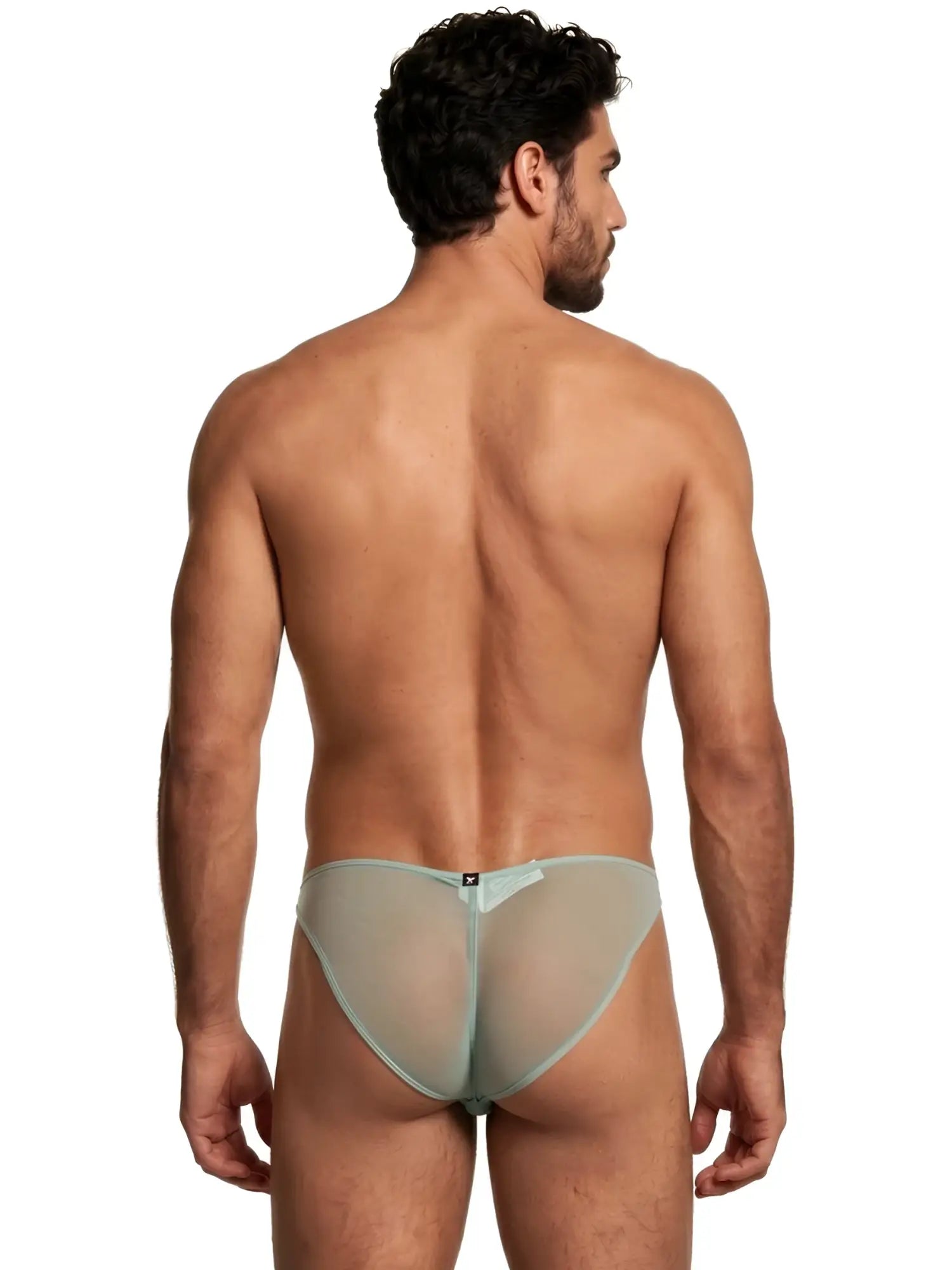 Sage green mesh bikini brief with sheer fabric and a small center back logo tag.