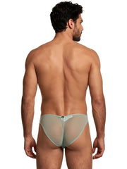 Sage green mesh bikini brief with sheer fabric and a small center back logo tag.