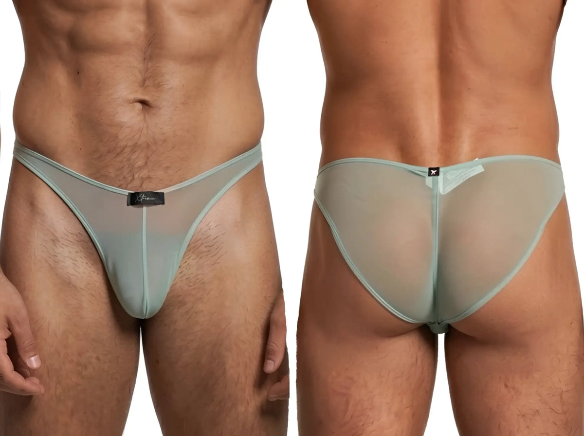 Sage green sheer mesh bikini brief with a center seam and Xtremen brand logo tag on the front waistband.