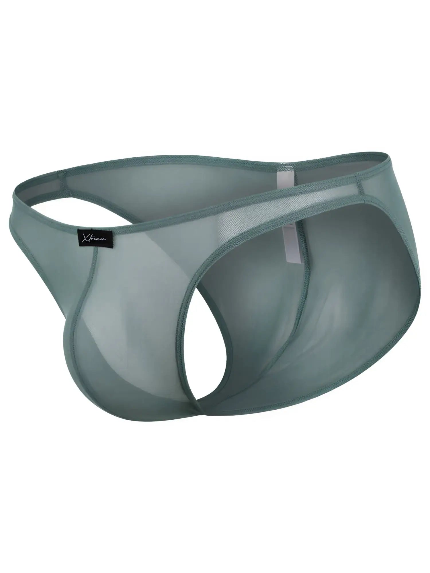 Sage green Xtremen bikini brief in sheer mesh fabric with a cut-out front and a branded black label on the hip.