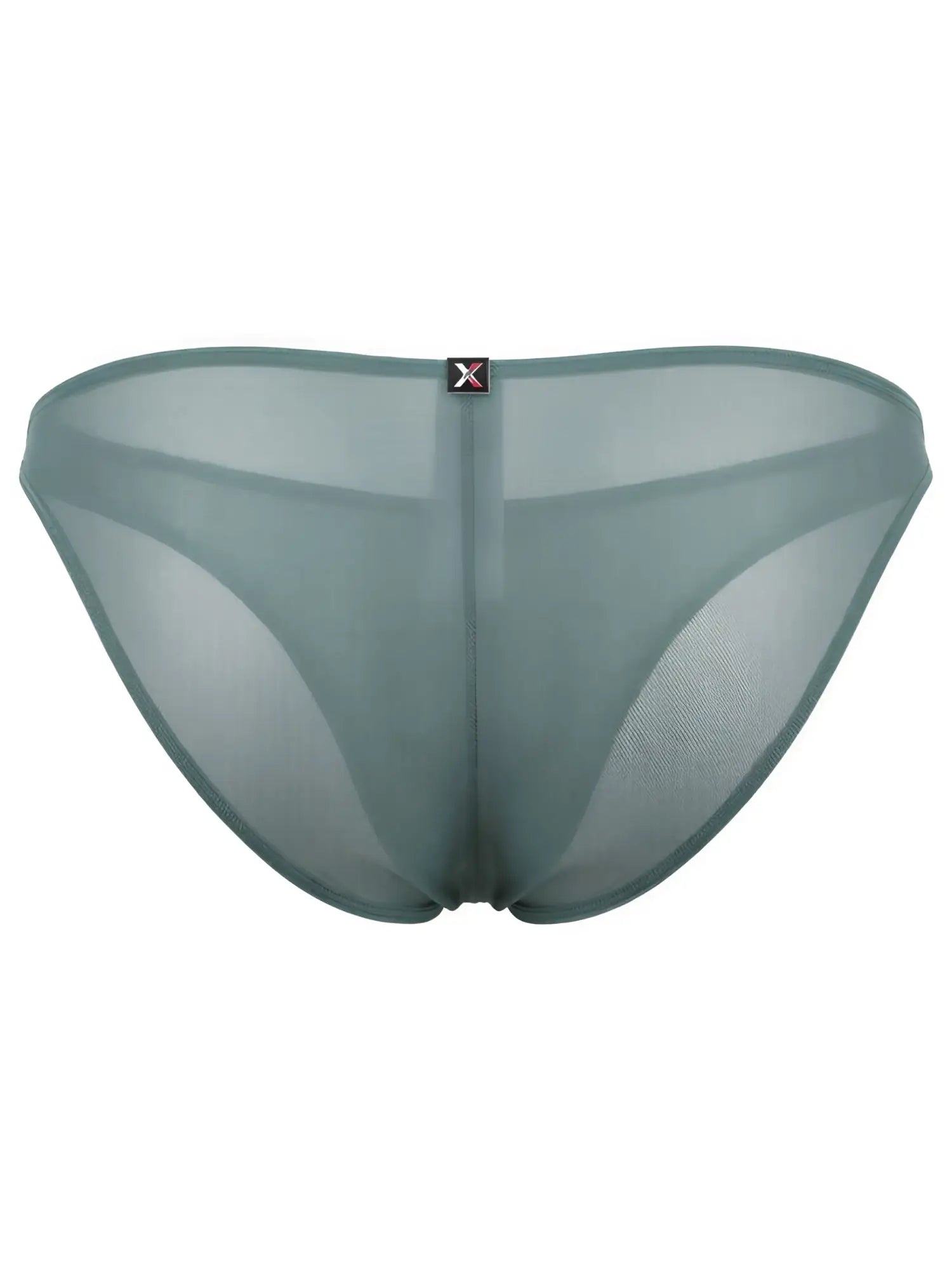 Sage green sheer mesh bikini brief with a center back seam and a small Xtremen logo tag at the waistband.
