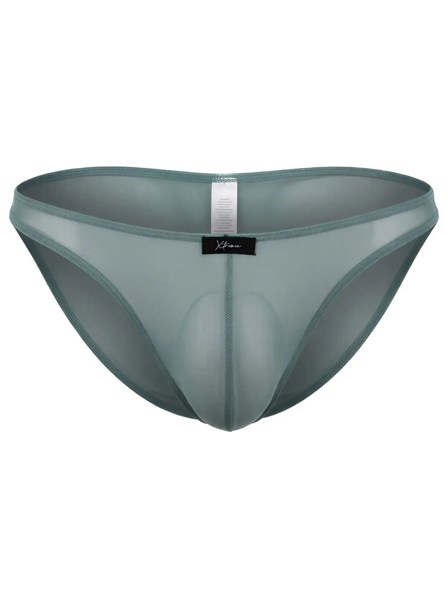 Sage green sheer mesh bikini brief with a contoured pouch and black Xtremen logo tag at the center waistband.