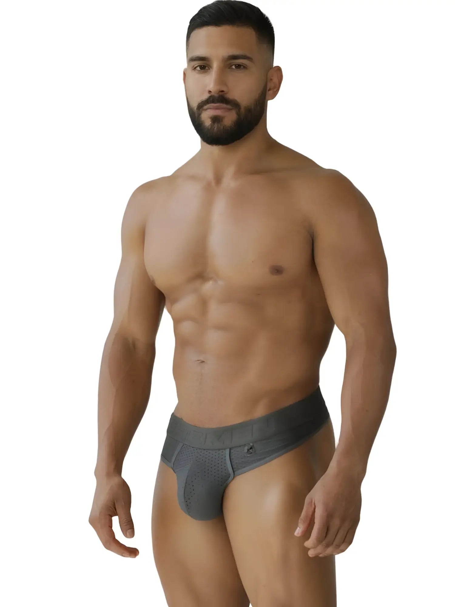 Xtremen 91268 gray microfiber mesh thong with snug fit and subtle stitching details shown from the back side