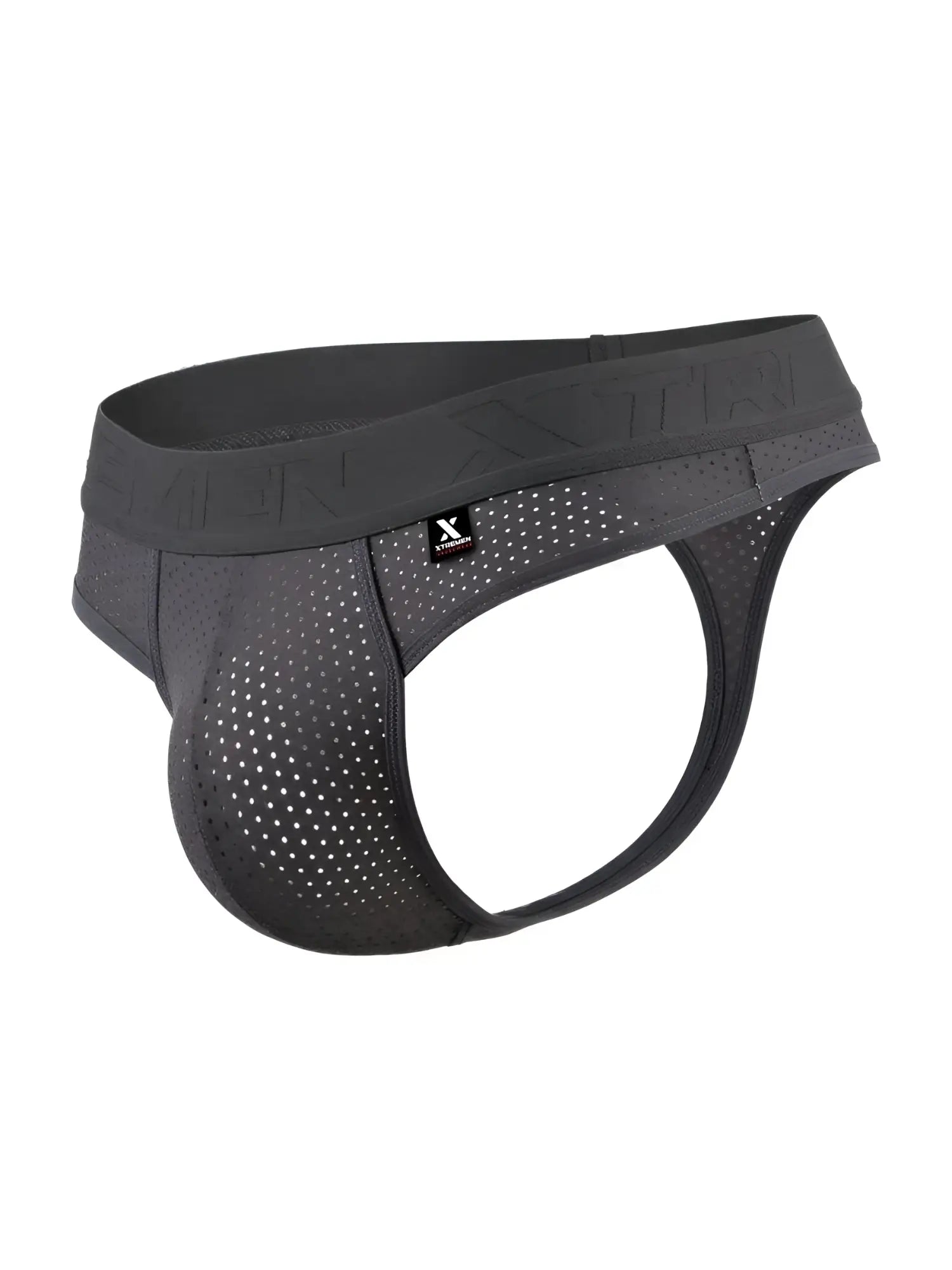 Black perforated mens briefs with branded waistband made of microfiber mesh in gray color for breathable comfort
