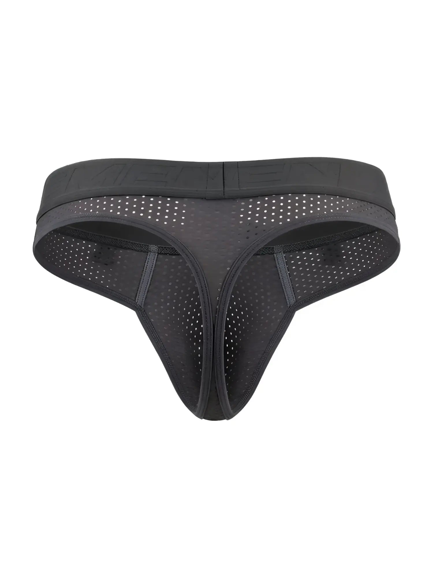 Xtremen 91268 microfiber mesh thong in gray with black solid waistband and perforated design shown from the back